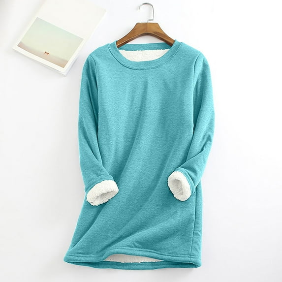 FAVIPT Womens Sherpa Lined Fleece Crewneck Sweatshirt Pullover Winter Warm Loungewear Tunic Tops Plush Long Sleeve Sweaters Sky Blue S