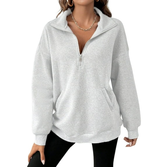 Women' Sweatshirts Half Zip Quarter Zipper Long Sleeve Hoodies Fall Fashion Outfits Clothes Light Gray S