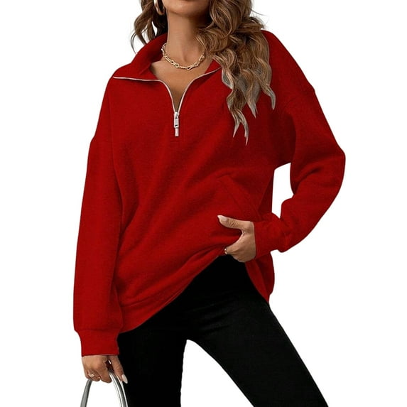 Women' Sweatshirts Half Zip Quarter Zipper Long Sleeve Hoodies Fall Fashion Outfits Clothes Red M