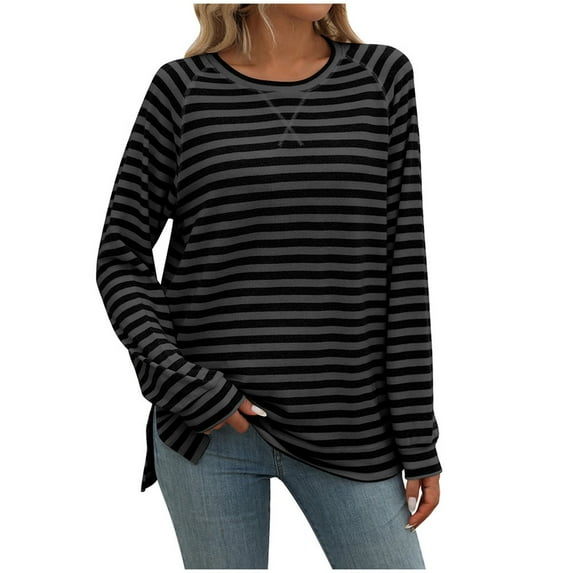 Women Sweatshirts Lightweight Striped Tee Shirts Women Long Sleeve Tops Cross Crewneck Tunic Slit Side Basic Shirt Loose Casual Fall Clothes