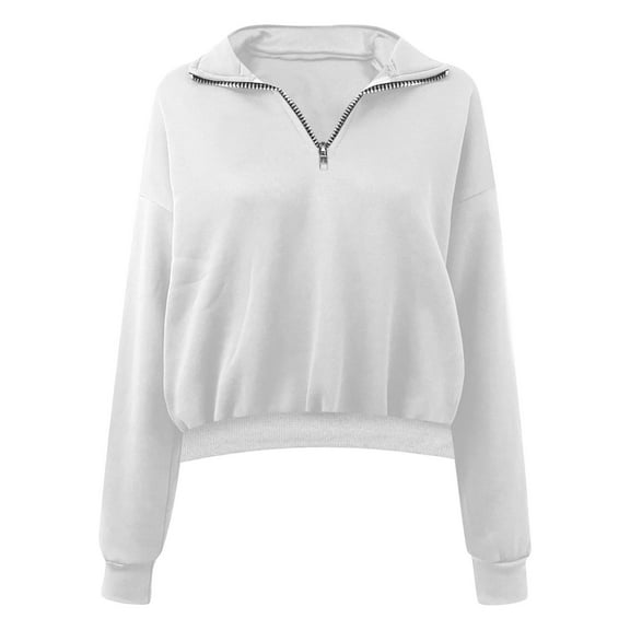 Women Sweatshirts MIUOWANP Fashion Women Casual Solid Color Lapel Neck Long Sleeve Loose T-Shirt Blouse Pullover Tops L White