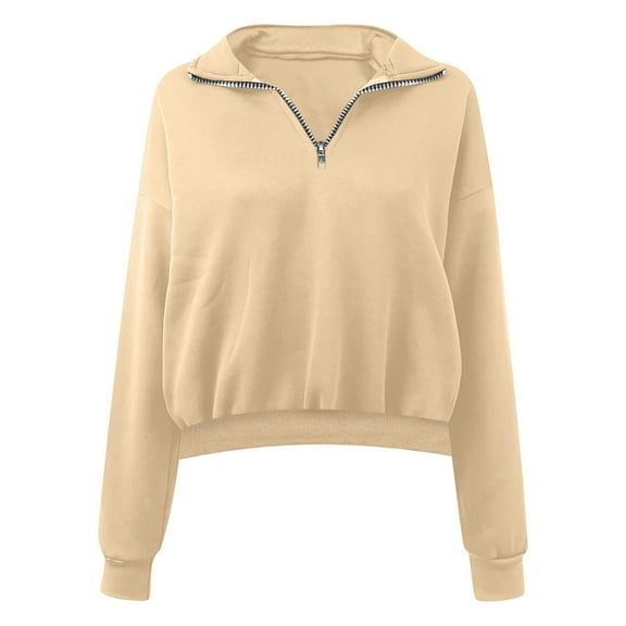 Women Sweatshirts MIUOWANP Fashion Women Casual Solid Color Lapel Neck Long Sleeve Loose T-Shirt Blouse Pullover Tops S Beige