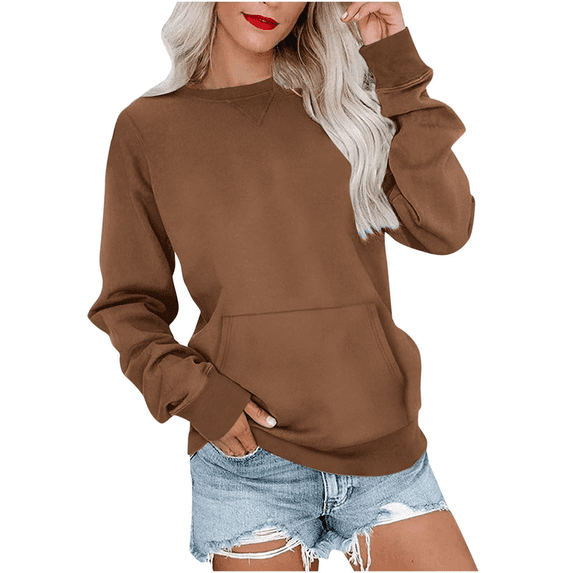 Women Sweatshirts Pullover Ladies Cute Crewneck Plain Cotton Tops Casual Sweatshirts Oversized Long Sleeve Pullover Outerwear With Pocket