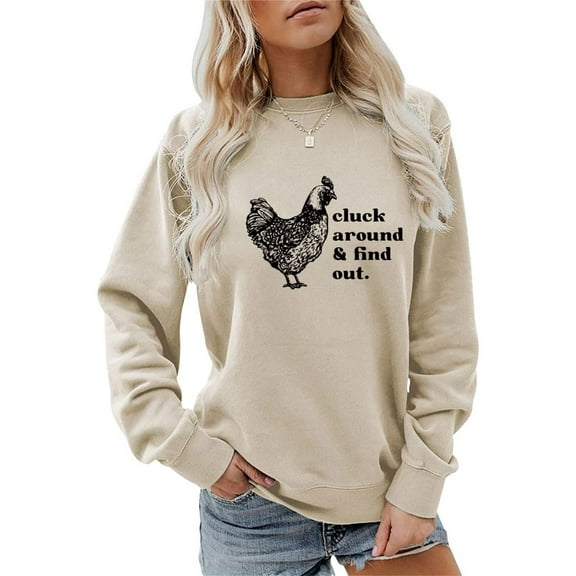 Women Sweatshirts Pullover Tops Shirts Letter and Chicken Printed Long Sleeve Hoodless Crewneck Pullover Loose Fit Tops Casual Fall Outfits Clothes Beige-L