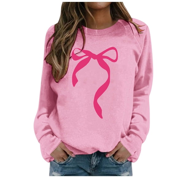 Women Sweatshirts Pullover Tops Shirts Round Neck Cute Bow Printed Long Sleeved Pullover Hoodless Loose Fit Tops Casual Fall Outfits Clothes Pink-S