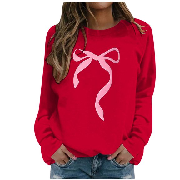 Women Sweatshirts Pullover Tops Shirts Round Neck Cute Bow Printed Long Sleeved Pullover Hoodless Loose Fit Tops Casual Fall Outfits Clothes Red-L