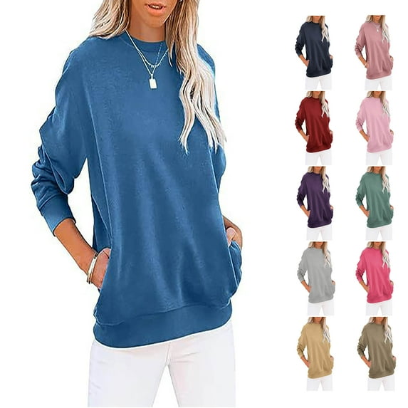 Women Sweatshirts Sawvnm Women's Fashion Pullover Round-Neck Long Sleeve Solid Blouses Sweater Tops for Women Blue L