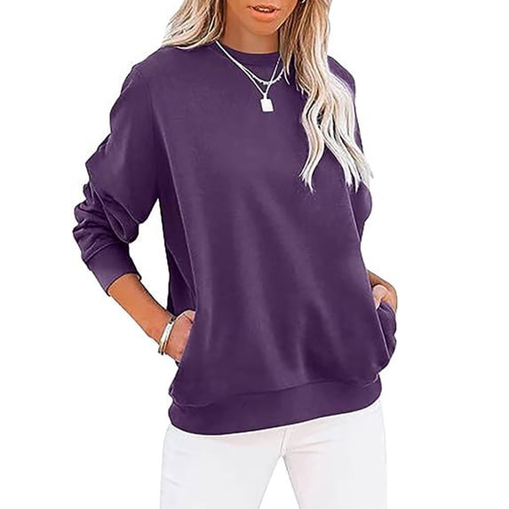 Women Hoodies Sawvnm Women's Fashion Pullover Round-Neck Long Sleeve Solid Blouses Sweater Tops for Women Purple XL