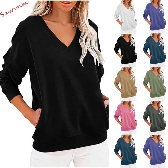 Womens Sweatshirt Sawvnm Women's Fashionable Casual Long-sleeved Pocket V-neck Capless Sweater Top Black XXL