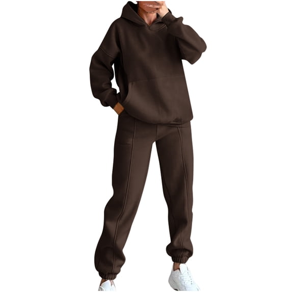 Women Sweatshirts Sets Casual Loose Solid Color Two Piece Long Pants And Pullover Hoodie Long Sleeve Sport Yoga Set,Brown,S