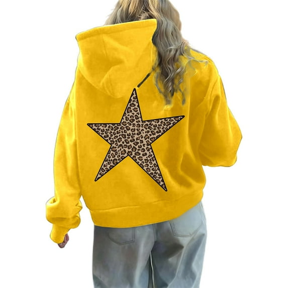 Women Sweatshirts Street Style Leopard Star Print Hoodie Sweatshirt for Women with Lined Hooded Pullover Yellow 3XL