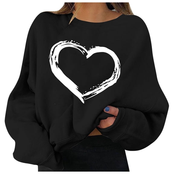 Women Sweatshirts Valentine's Day Couples Matching for Women Heart Print Crewneck Long Sleeve Holiday Hoodless Pullover Women Hoodies Black S
