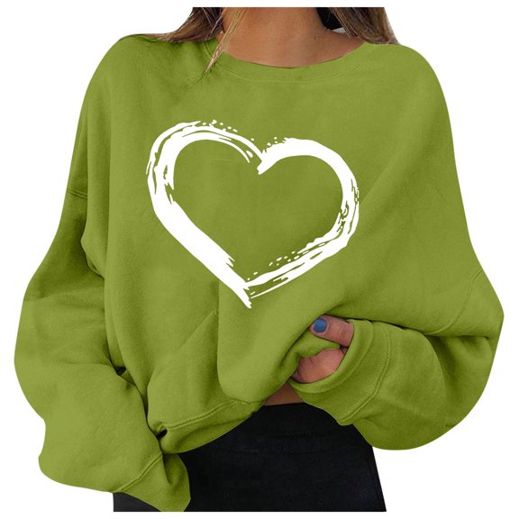 Women Sweatshirts Valentine's Day Couples Matching for Women Heart Print Crewneck Long Sleeve Holiday Hoodless Pullover Women's Hoodies Green XL