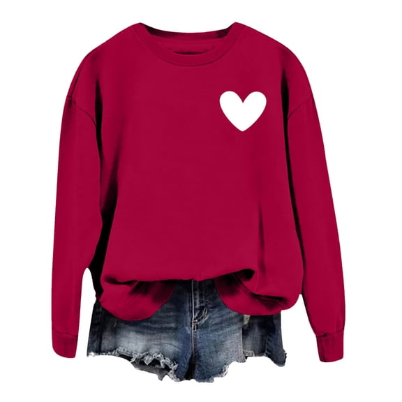Women Sweatshirts Women's Valentine's Day Couples Matching Heart Print Crewneck Long Sleeve Lovers Hoodless Sweatshirt Women's Hoodie Red M