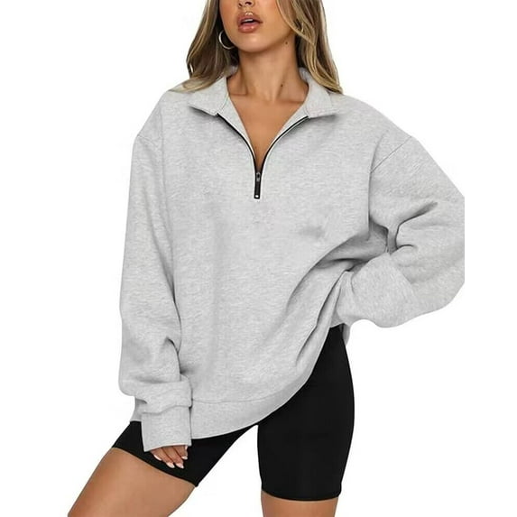 Women Sweatshirts Zip Turndown Collar Loose Casual Tops Clothes
