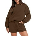 thumbnail image 1 of Women Sweatsuit Shorts Set, Women's 2 Piece Outfits Fall Tracksuit, Oversized Casual Long Sleeve Crew Neck Pullover Sweatshirts Elastic Waist Shorts Matching Sets Brown, 1 of 7