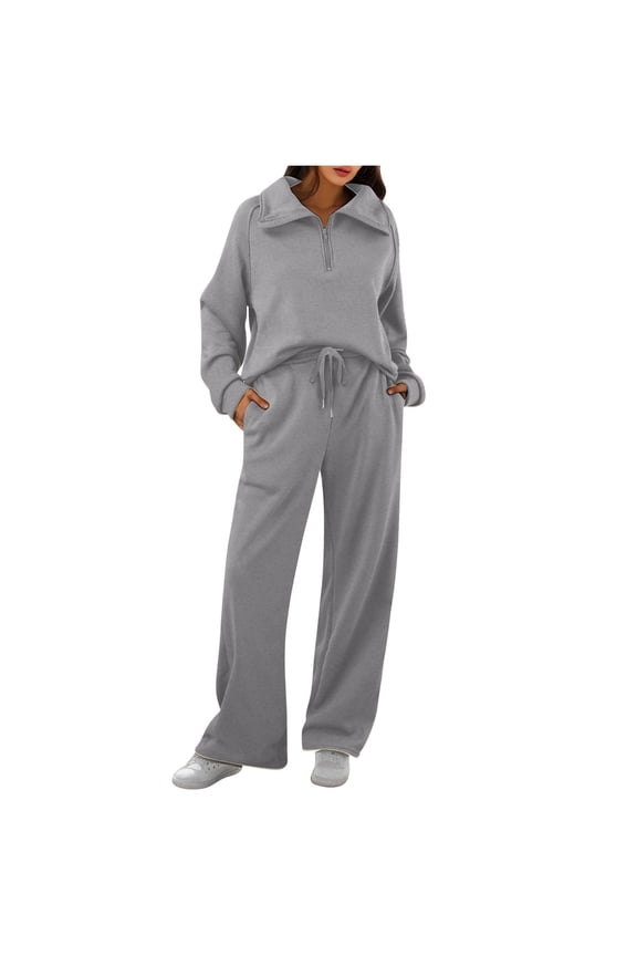 Women Sweatsuit Two Piece Long Sleeve and Wide Leg Sweatpants Lounge Winter Clothing Vacation Outfits