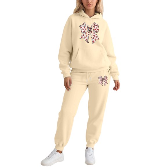 Women Sweatsuit Valentine's Bow Design Sweatsuit Set Matching Hoodie and Pants Cozy Casual Two Piece Outfit for Her Gift Women's Sweatsuits Light Yellow XXL