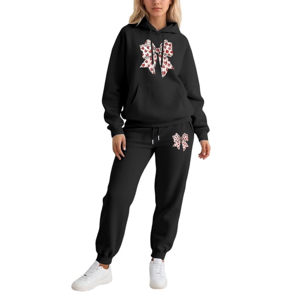 Women Sweatsuit Valentine's Bow Design Sweatsuit Set Matching Hoodie and Pants Cozy Casual Two Piece Outfit for Her Gift Women's Sweatsuits Black L