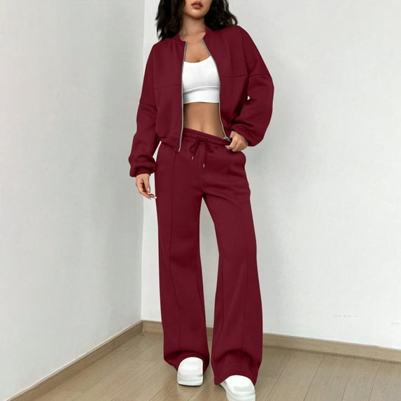 Women Sweatsuits 2 Piece Set Fashionable Workout Gym Lounge Travel Comfortable Zip Up Matching Sweatshirt and Wild Leg Sweatpants Set for Vacation Casual