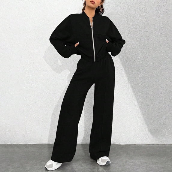 Women Sweatsuits 2 Piece Set Zip Up Sweatshirt and Wide Leg Sweatpants Set Black XL