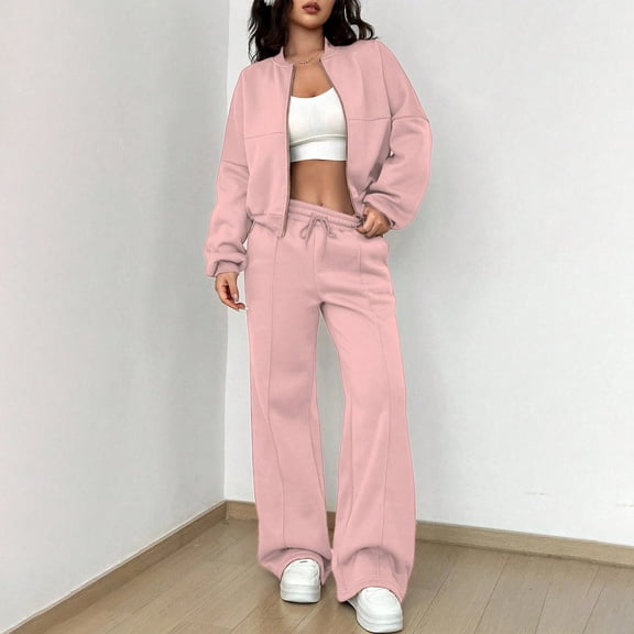 Women Sweatsuits 2 Piece Set Zip Up Sweatshirt and Wide Leg Sweatpants Set Pink M