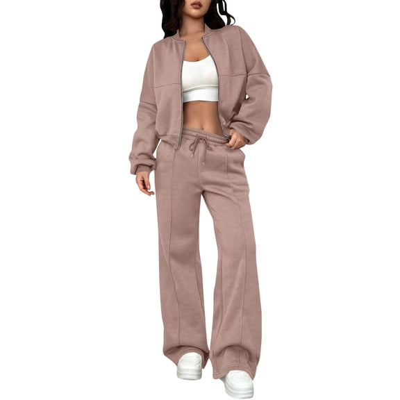Women Sweatsuits 2 Piece Set Zip Up Sweatshirt and Wide Leg Sweatpants Set Rose Gold M