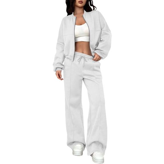 Women Sweatsuits 2 Piece Set Zip Up Sweatshirt and Wide Leg Sweatpants Set White M