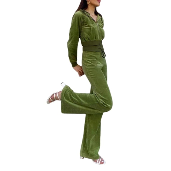 Women Sweatsuits Sets Zip Up Velour Hoodie Crop Top and Velour Jogger Pant Tracksuit Sets