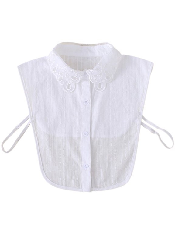 Women Sweet Hollow Out Floral Lace Lapel False Collar Button Down Striped Jacquard White Detacahble Half Shirt