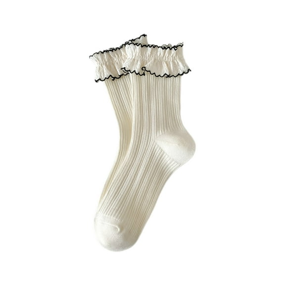 Women Sweet Lace Ruffle Turn-Cuff Ankle Socks Japanese Ladies Girl Princess Frilly Cotton Ribbed Middle Tube Socks