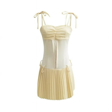 Women Sweet  Summer Strappy Drop Waist  Tie-Up Pleated Mini Dress