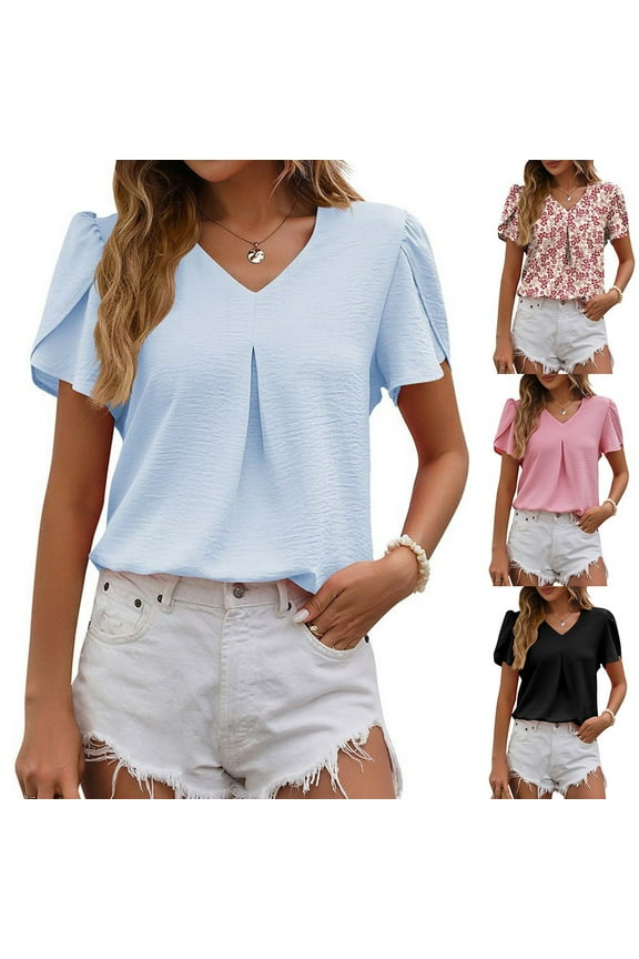 Women Sweet V-Neck Short Sleeve Loose Shirts Elegant Ladies Casual Folds Solid Color Blouse White Top