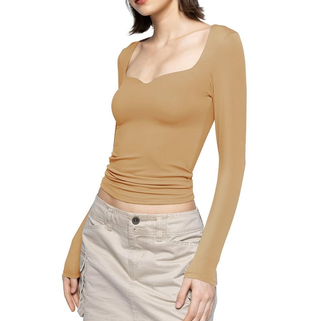 Women Sweetheart Neck Basic Tops T-shirt Long Sleeve Solid Color Stretch Slim Fit Fall Tops for Daily