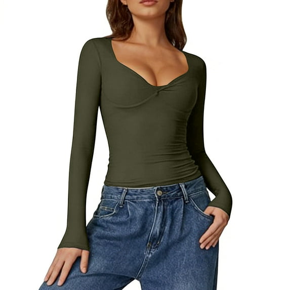 Women Sweetheart Neckline Basic Fitted Tops Long Sleeve Going Out Crop Tops Double Lined Slim Fit Ruched T Shirts