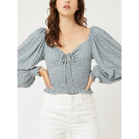 Women Sweetheart Neckline Long Sleeve Smocked Floral Jersey Blouse Top