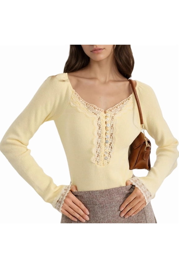 Women Sweetheart V Neck Long Sleeve Tops Lace Trim Ribbed Modal Fall Going Out Shirts Light Yellow L