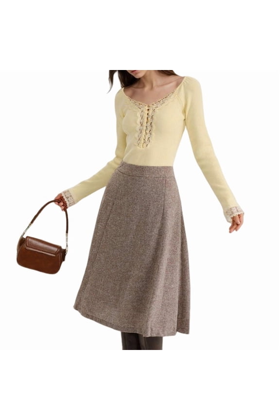 Women Sweetheart V Neck Long Sleeve Tops Lace Trim Ribbed Modal Fall Going Out Shirts Light Yellow L