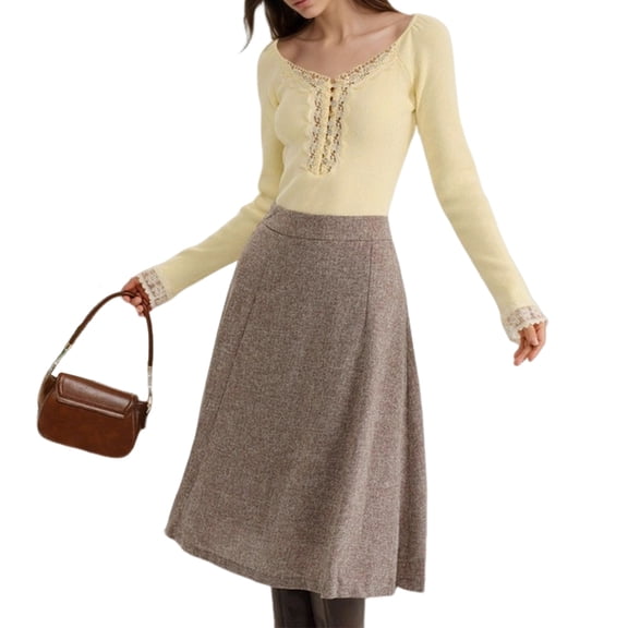 Women Sweetheart V Neck Long Sleeve Tops Lace Trim Ribbed Modal Fall Going Out Shirts Light Yellow M