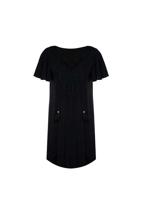 Women Swim Cover Up Hollowed Out Sunscreen Smock Short Sleeve V Neck Summer Vacation Clothes Black