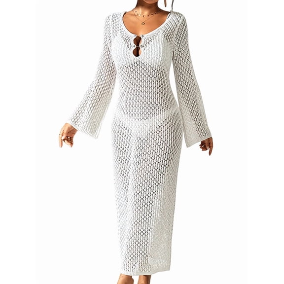 Women Swim Crochet Cover Up Knit Bathing Suit Swimwear Summer Bodycon Beach Dress Vacation Clothes White L