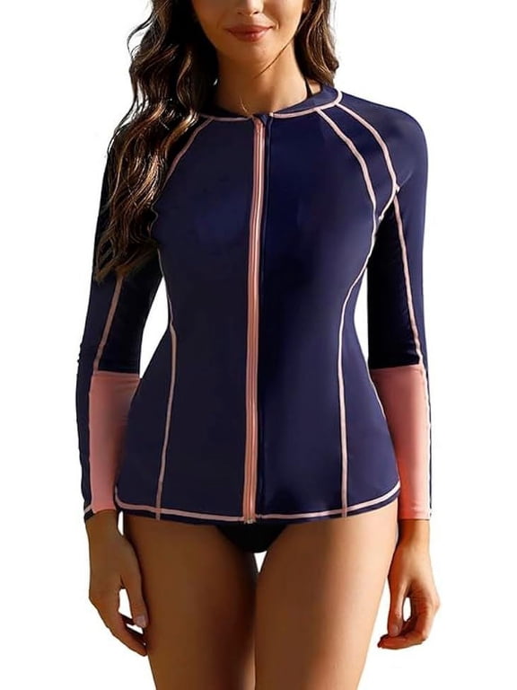 Women Swim Shirt Rash Guard Long Sleeve Bathing Suit UPF 50+ UV Sun Protection Lightweight Zip Swim Shirt, XXL