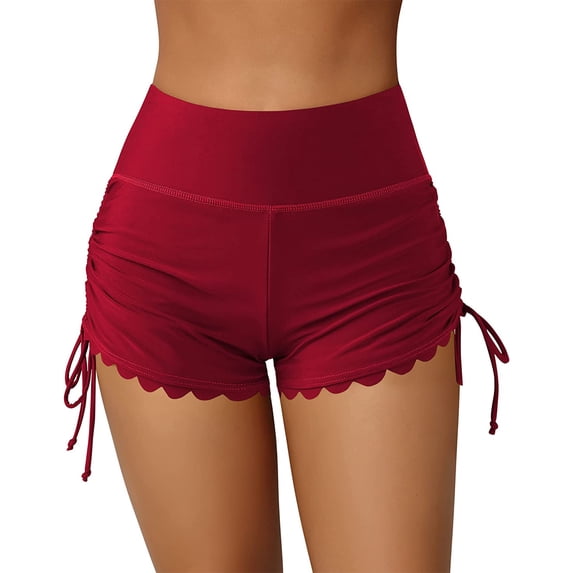 Women Swim Shorts, High Waist Drawstring Wavy Hem Solid Summer Bathing Surfing Bottoms