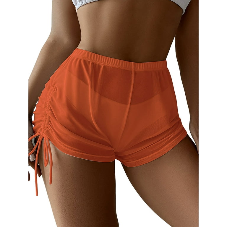 Women Swim Shorts Sunscreen Sheer Mesh Drawstring High Waist Short Pants Swimsuit  Bottoms Cover up 