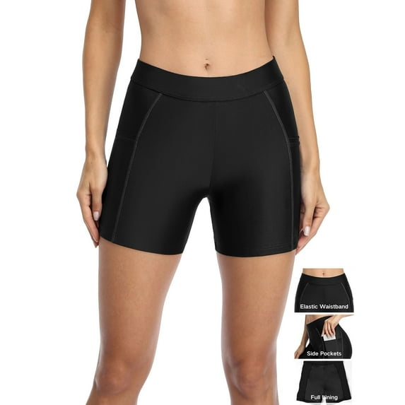 Women Swim Shorts with Pockets Solid Board Shorts Boy Shorts Swim Bottoms
