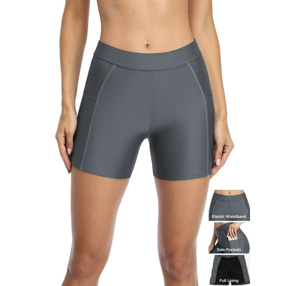 Women Swim Shorts with Pockets Solid Board Shorts Boy Shorts Swim Bottoms