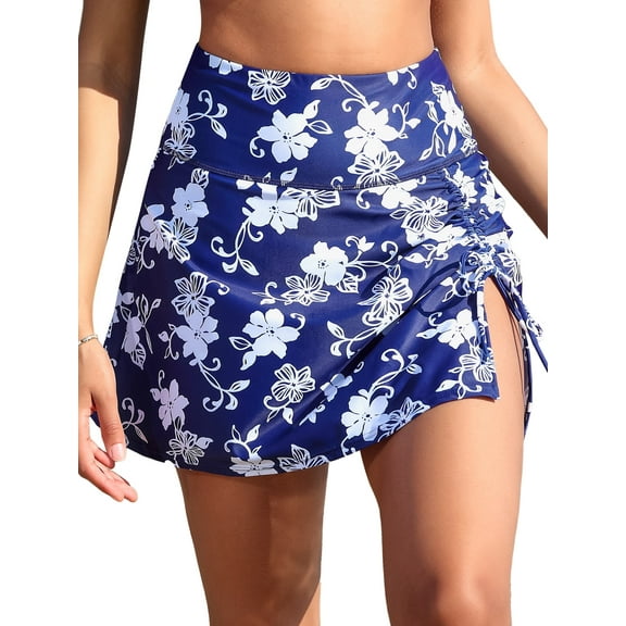 Charmo Womens High Waisted Split Swim Skirt Ruched Drawstring Skirted Swim Bottoms with Built-in Brief