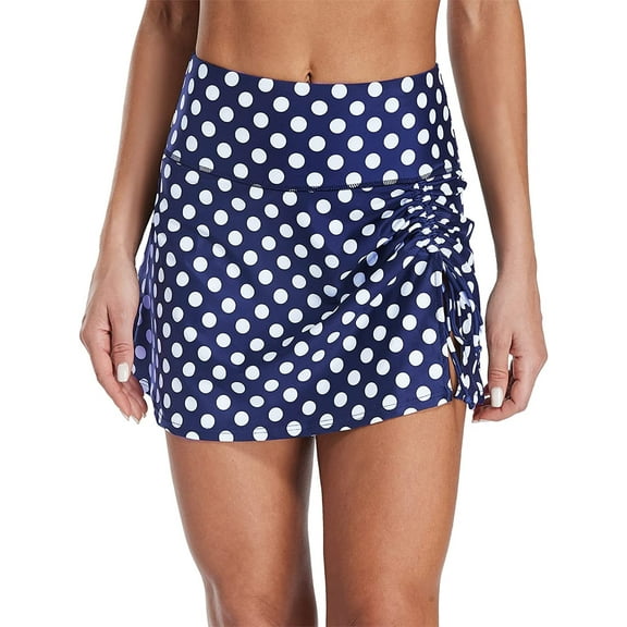 Charmo Womens High Waisted Split Swim Skirt Ruched Drawstring Skirted Swim Bottoms with Built-in Brief