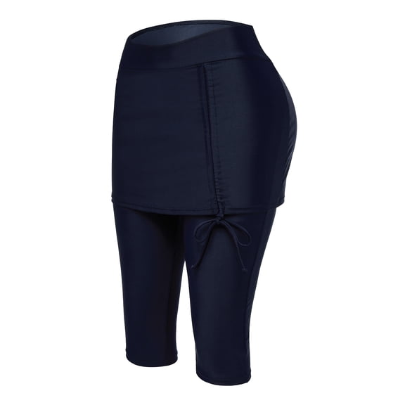 Women Swim Skirted Capris Athleic Leggings with Skirt Rungning Skort Sun Protective, Blue, XS