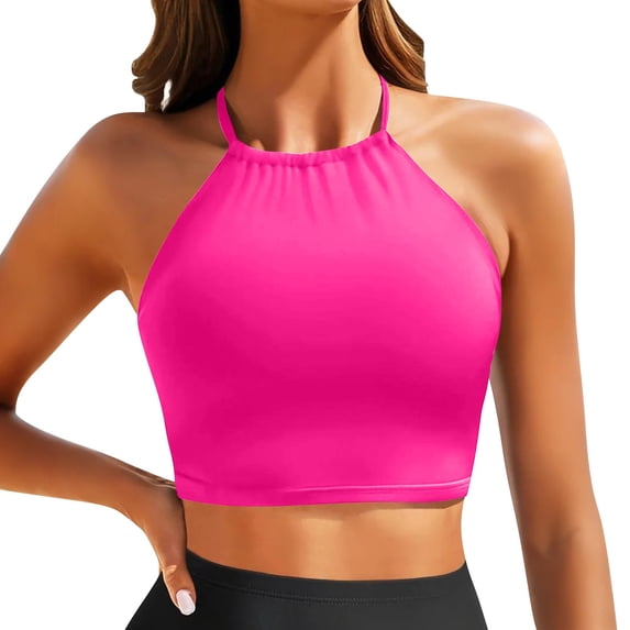 Women Swim Top - High Neck Bikini Top Only Halter Swimsuit Bathing Suit 2026 Casual Top Sexy Sports Bra Hot Pink M